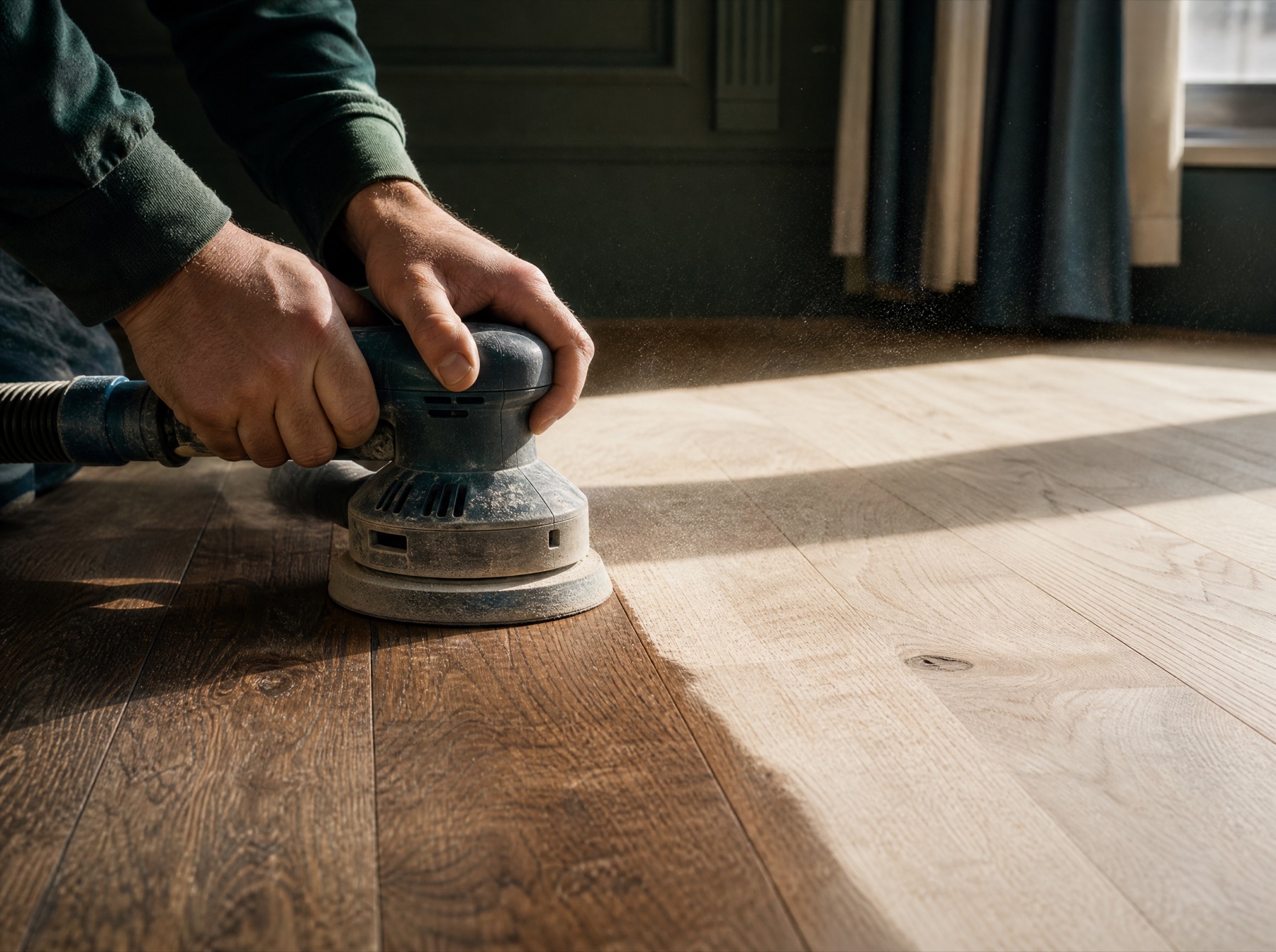 Craftsperson sanding an unfinished oak parquet floor with a hand sander