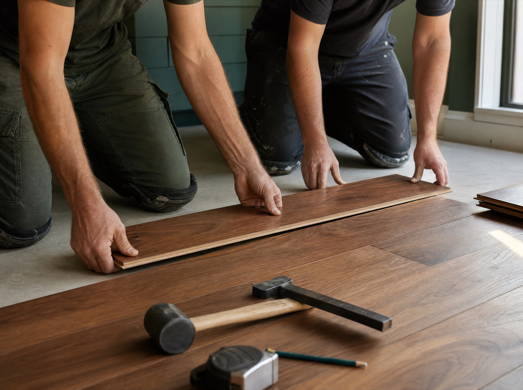 Flooring installers fitting a walnut plank with a rubber mallet