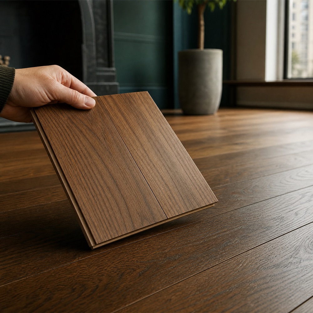 Hand holding a walnut flooring sample above a finished hardwood floor