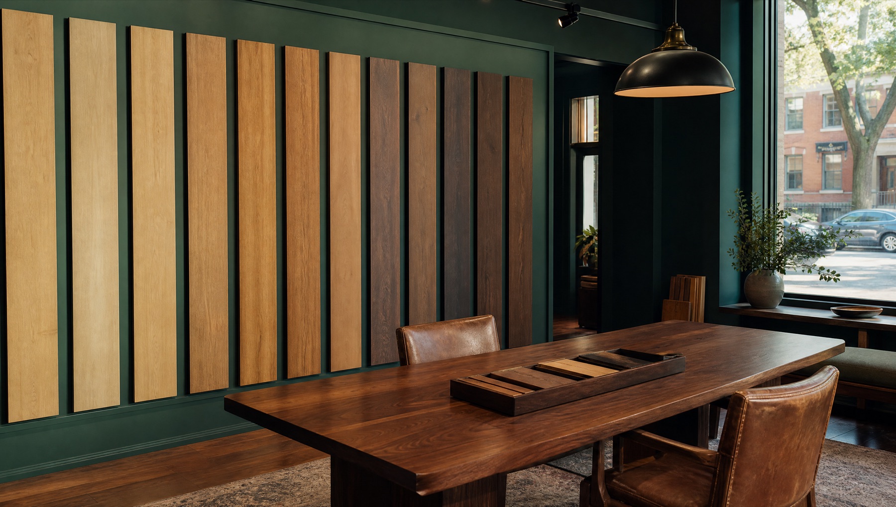 Lake and Grain showroom with tall wood sample panels and a walnut consultation table