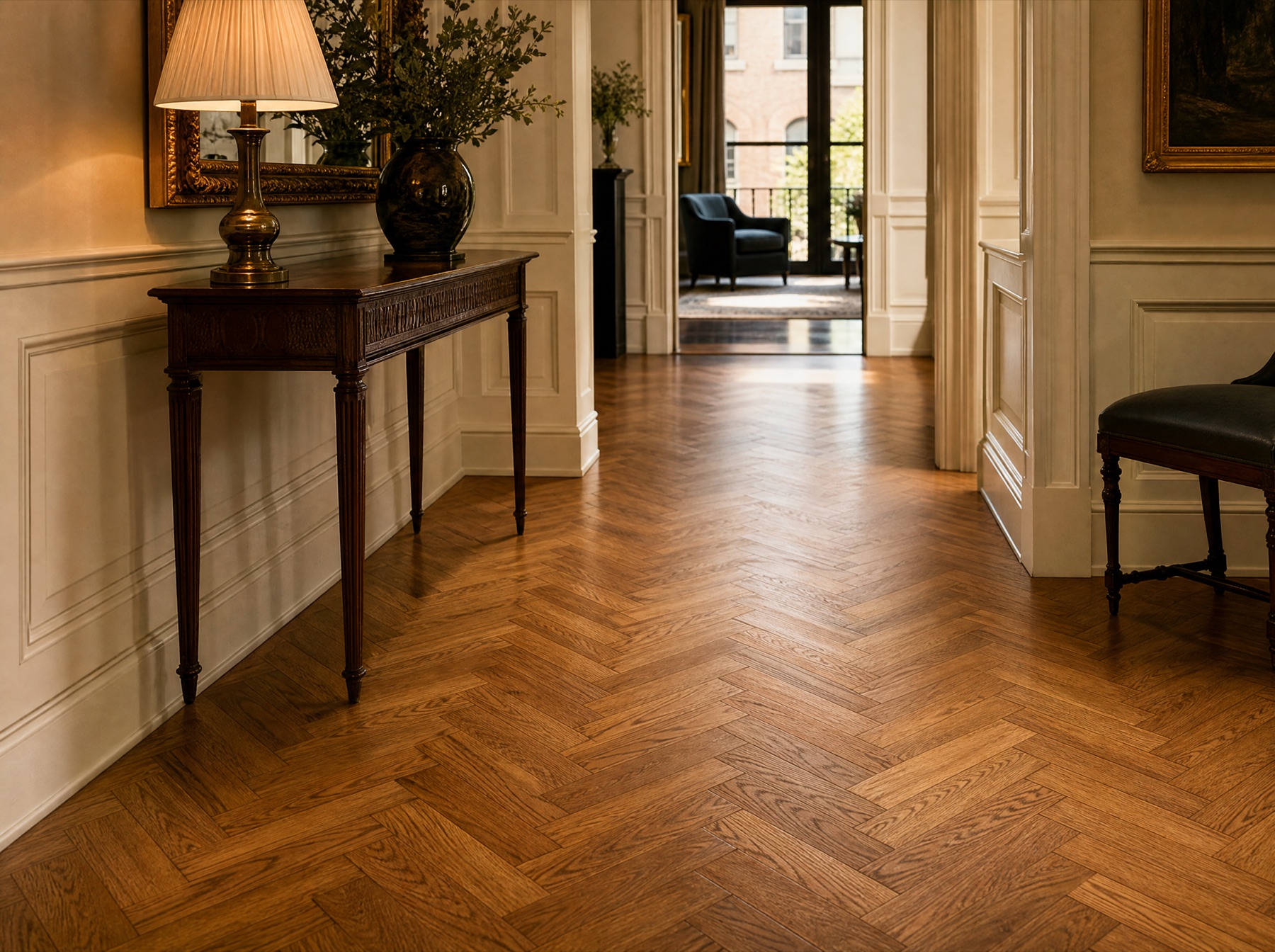 Traditional Astor Street hall laid with warm honey oak herringbone flooring