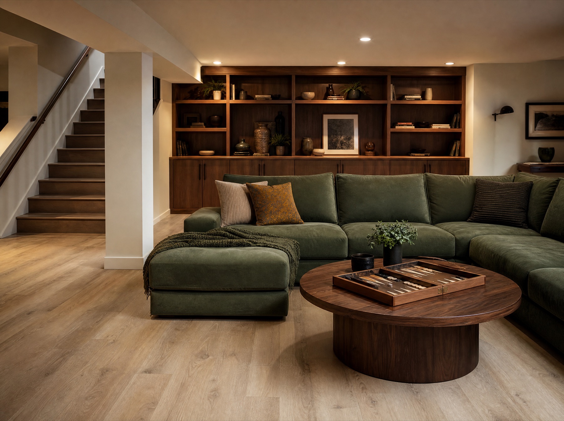 Avondale lower-level family room with pale driftwood rigid-core luxury vinyl plank flooring