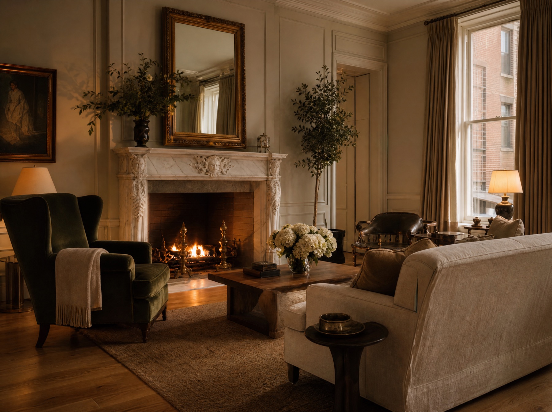 Refined Gold Coast living room with warm natural oak flooring and a carved fireplace