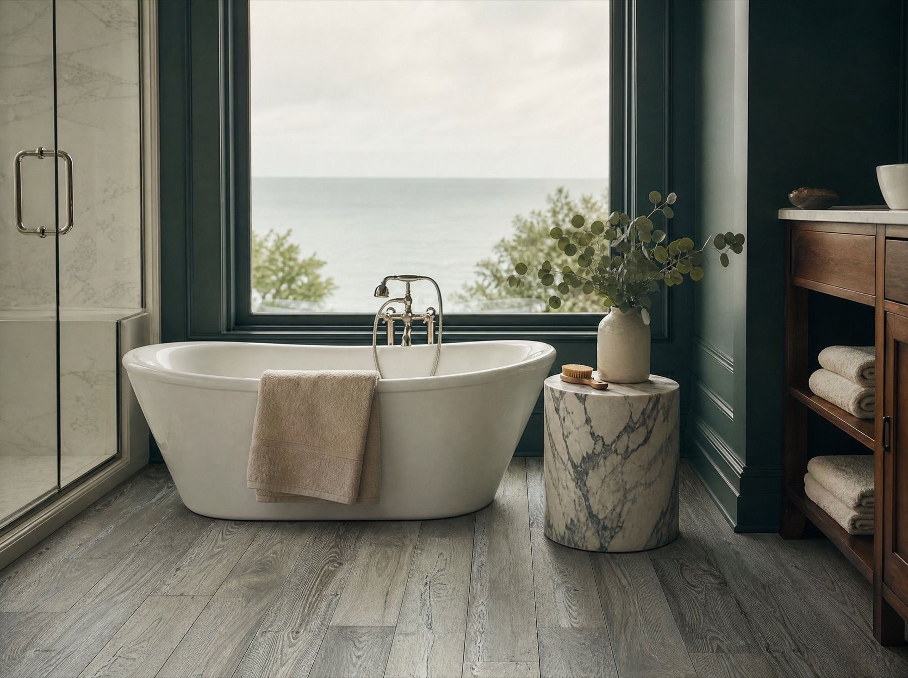 Lake-facing bathroom with cool gray oak floors and a freestanding tub