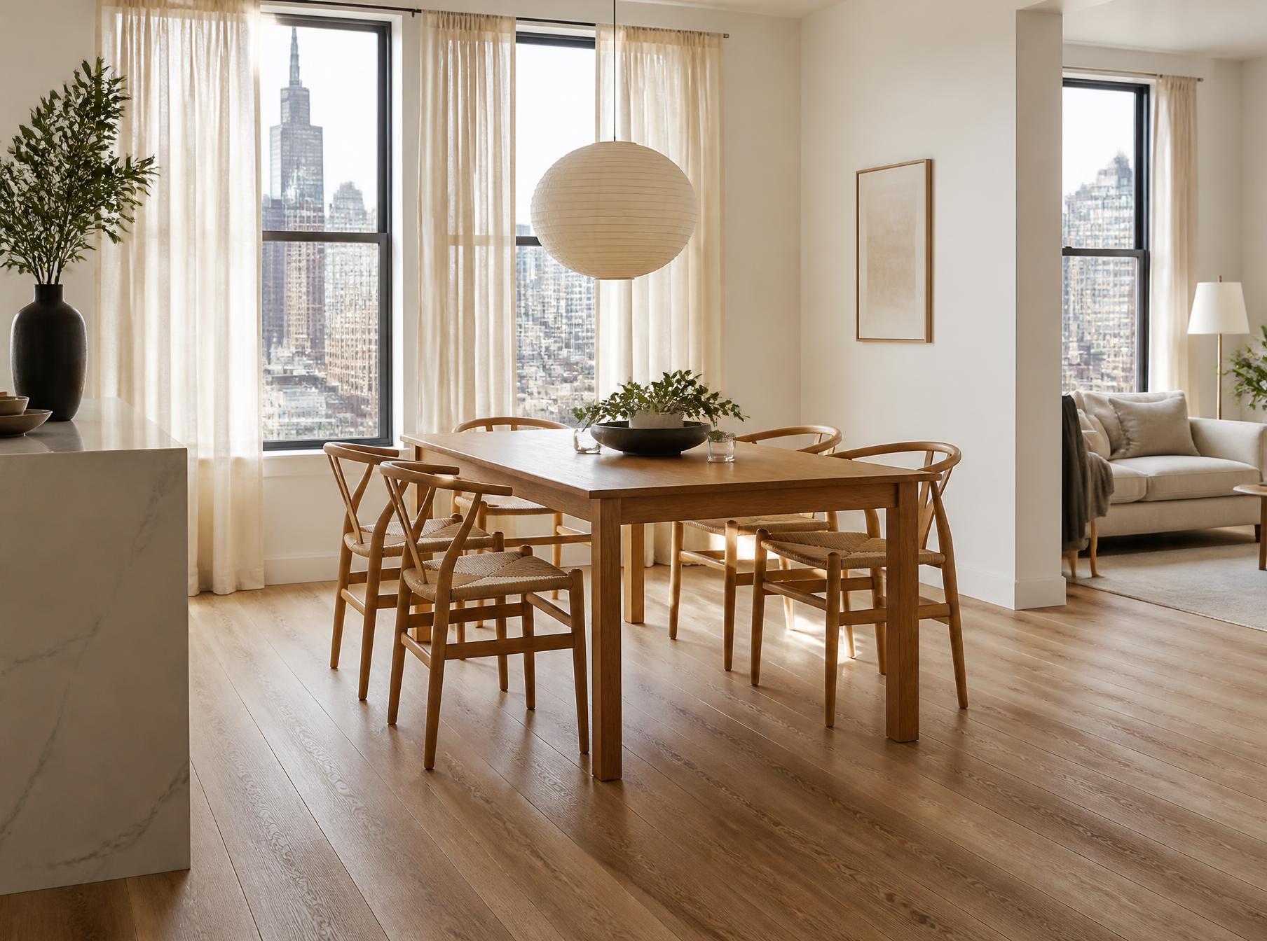 Sunlit Chicago dining area with warm oak-look laminate plank flooring