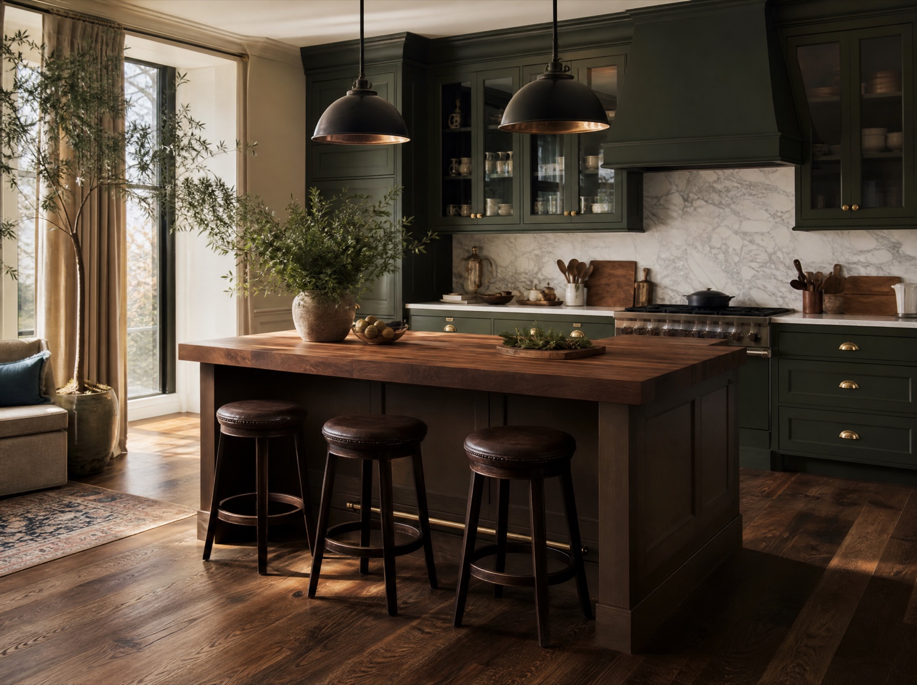 Tailored Lincoln Park kitchen with deep walnut flooring and dark green cabinetry