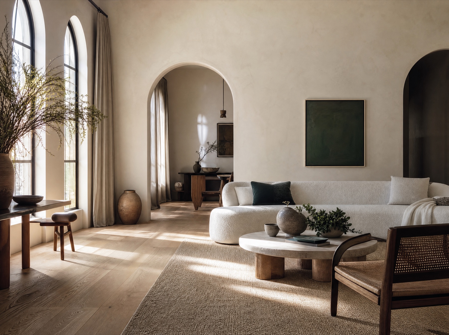 Airy arched living room with light North Shore white oak flooring