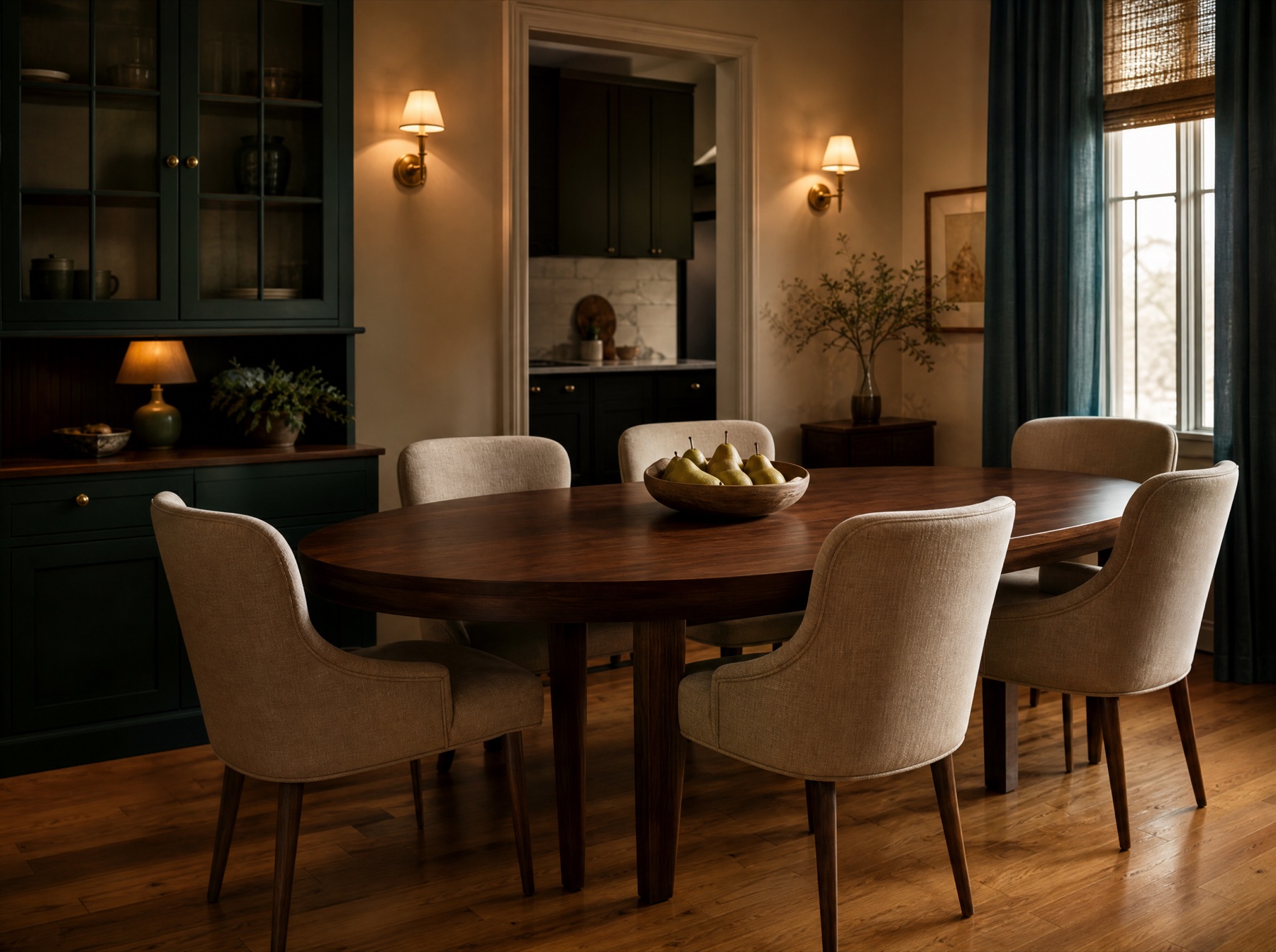Warm Old Town dining room with honey maple flooring and dark green millwork