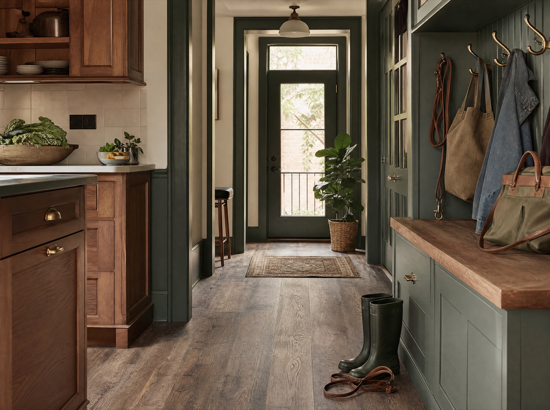 Pilsen mudroom and kitchen hallway with weathered oak-look luxury vinyl plank flooring