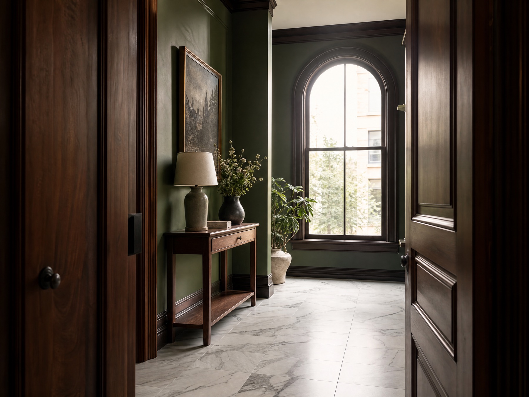 Printers Row entry hall with veined white and gray marble-look porcelain tile flooring