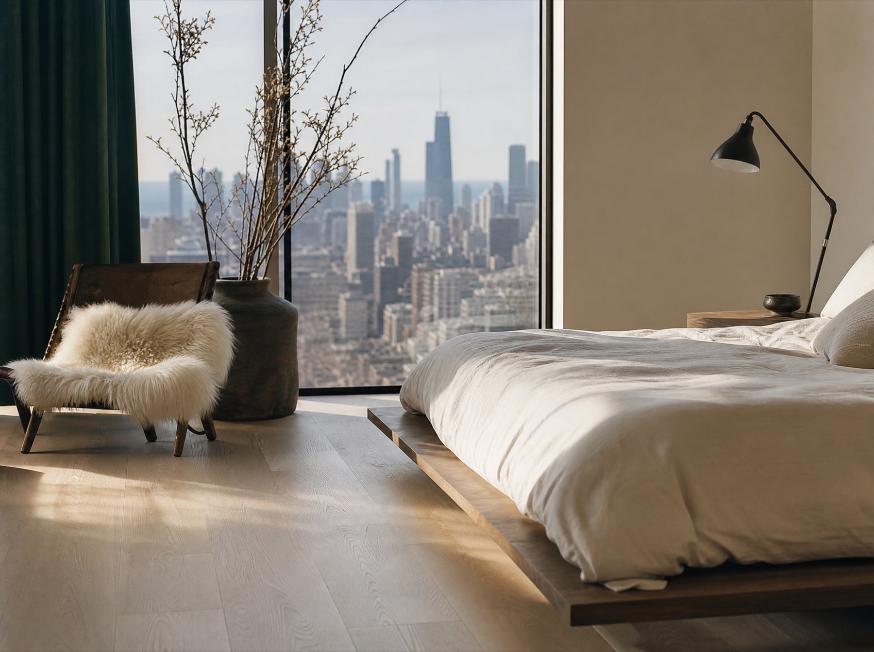 River North bedroom with pale ash flooring and a Chicago skyline view