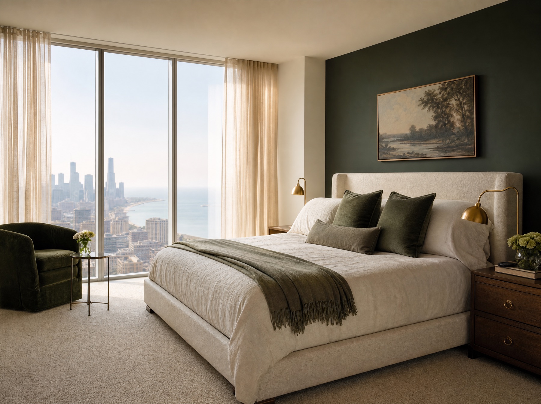 Streeterville high-rise bedroom with plush warm neutral wool carpet and a lakefront skyline view