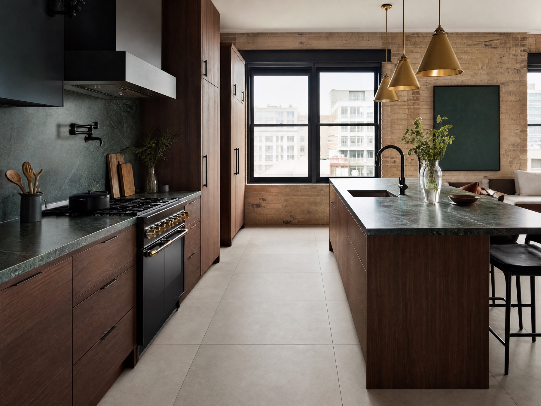 West Loop loft kitchen with large-format warm gray porcelain tile flooring and brick walls