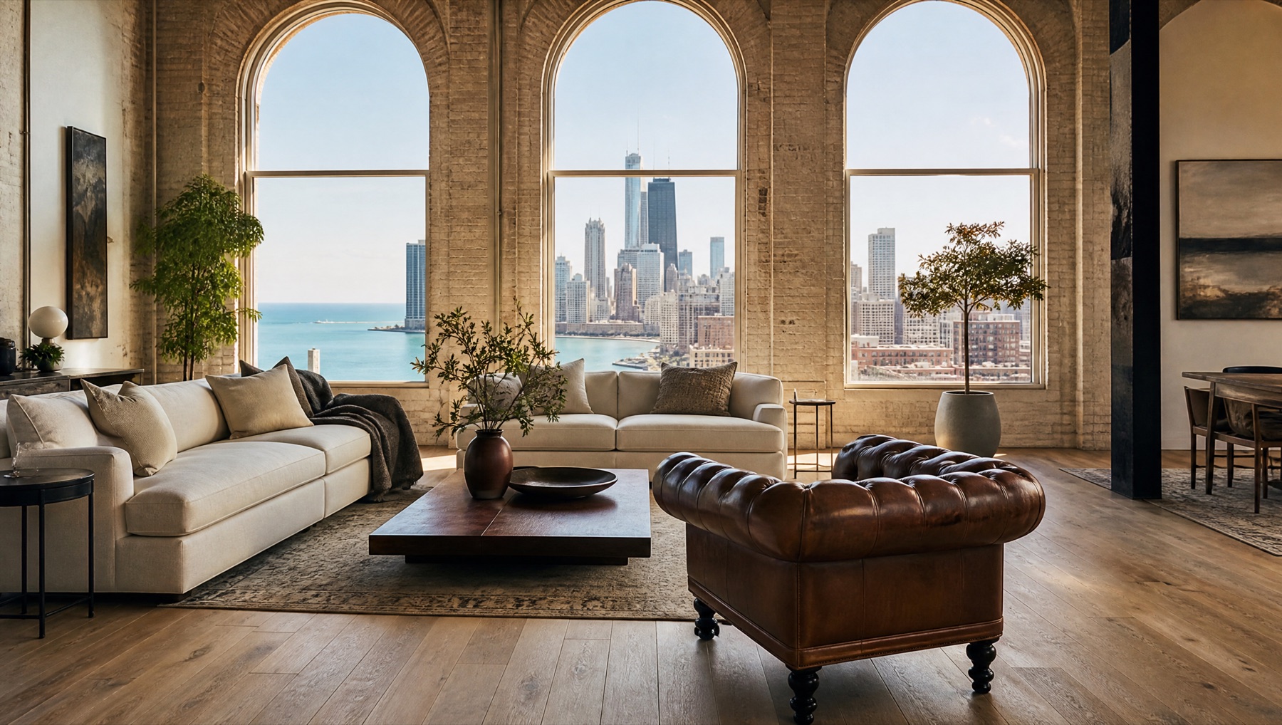 Elegant lakefront living room with arched windows, oak floors, and a Chicago skyline view
