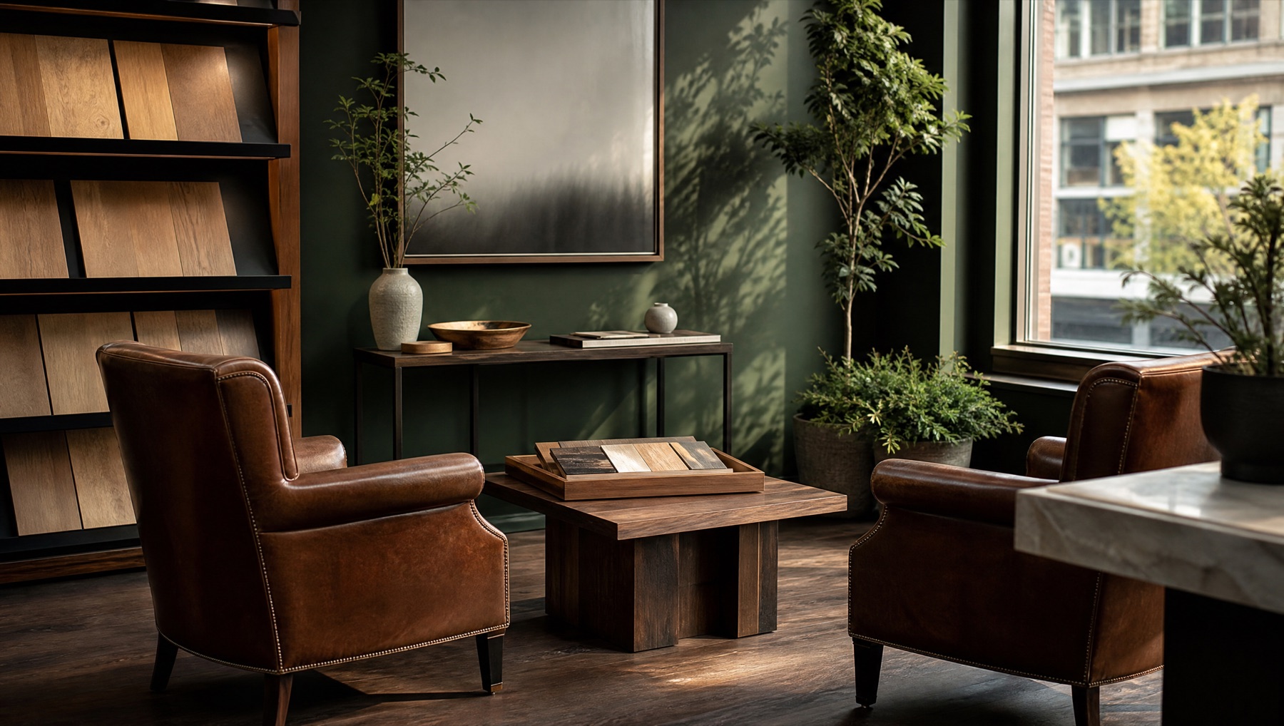 Inviting flooring consultation room with green walls, leather chairs, and wood samples