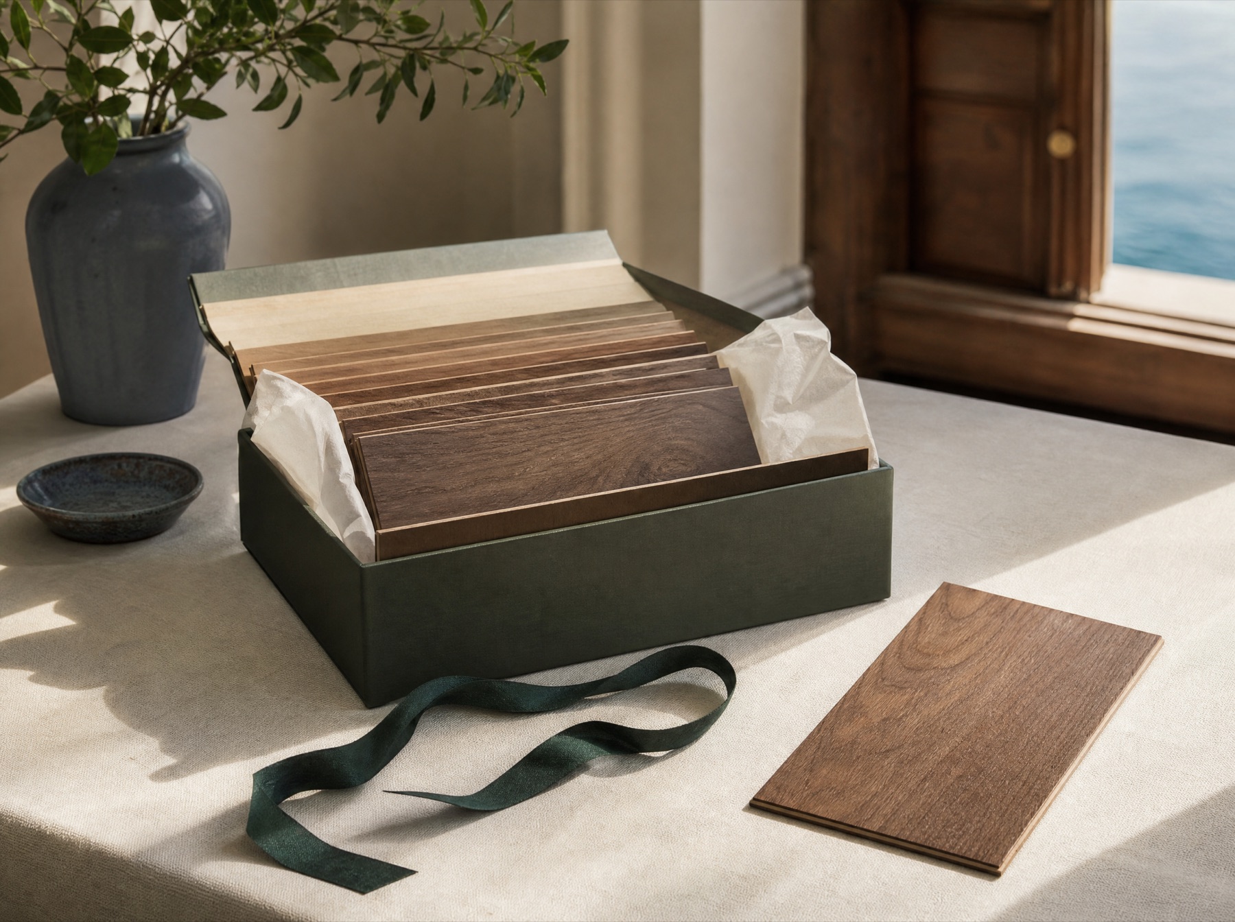 Box of hardwood flooring samples with fabric swatches and measuring tape