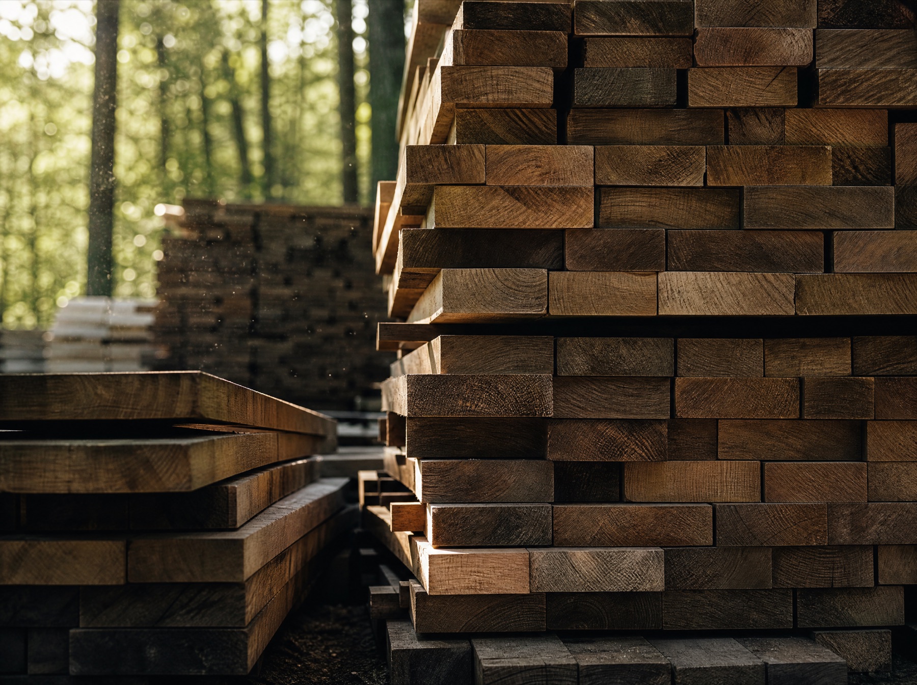 Stacks of cut hardwood lumber in a sunlit forest mill yard