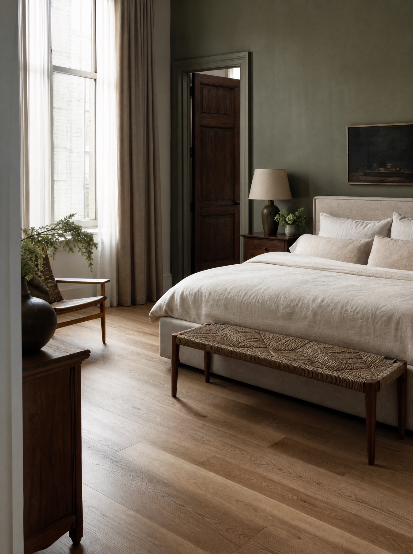 Calm bedroom with light white oak floors, linen bedding, and tall windows