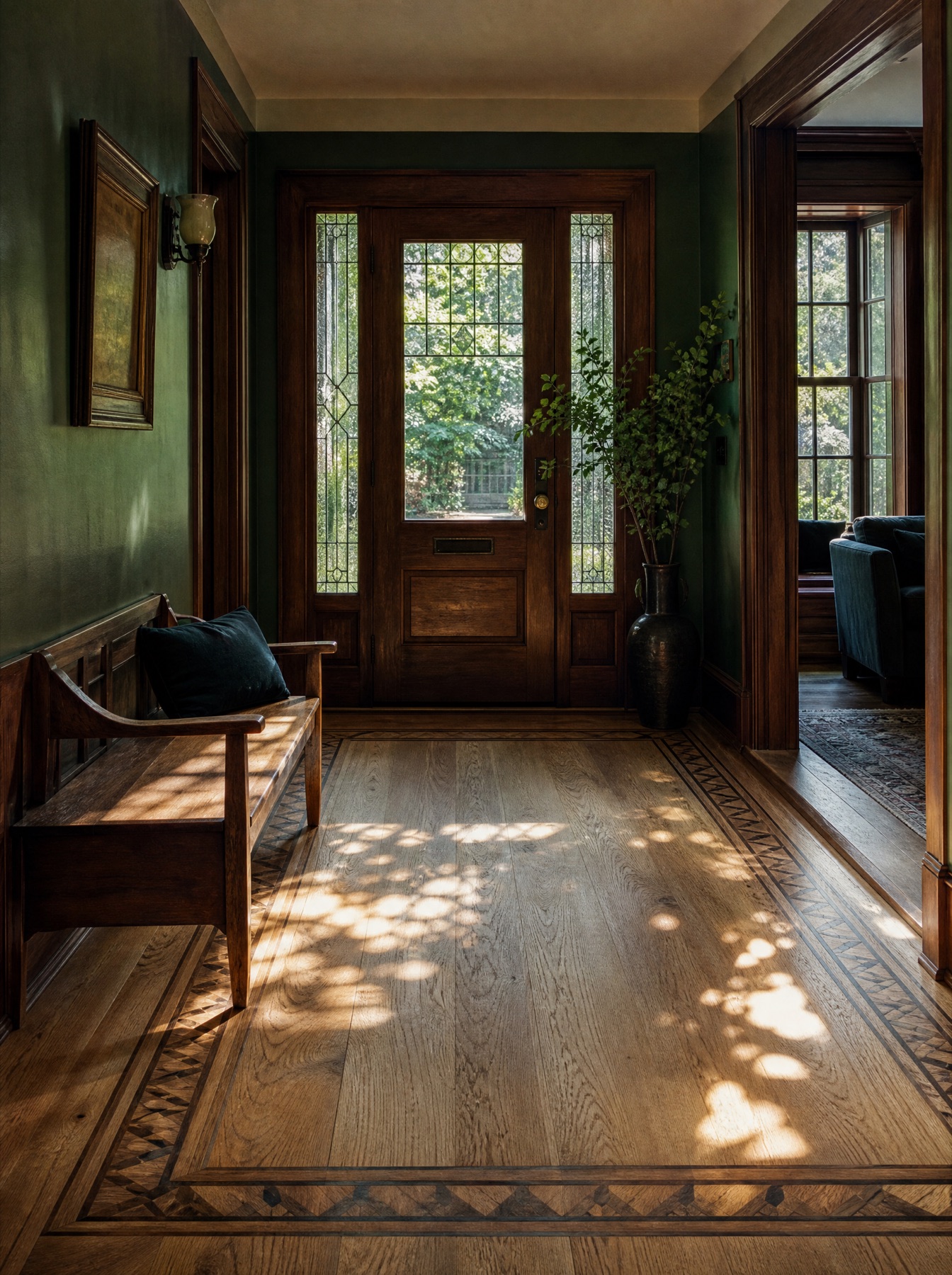 Historic entry vestibule with paneled wood doors and sunlit oak flooring