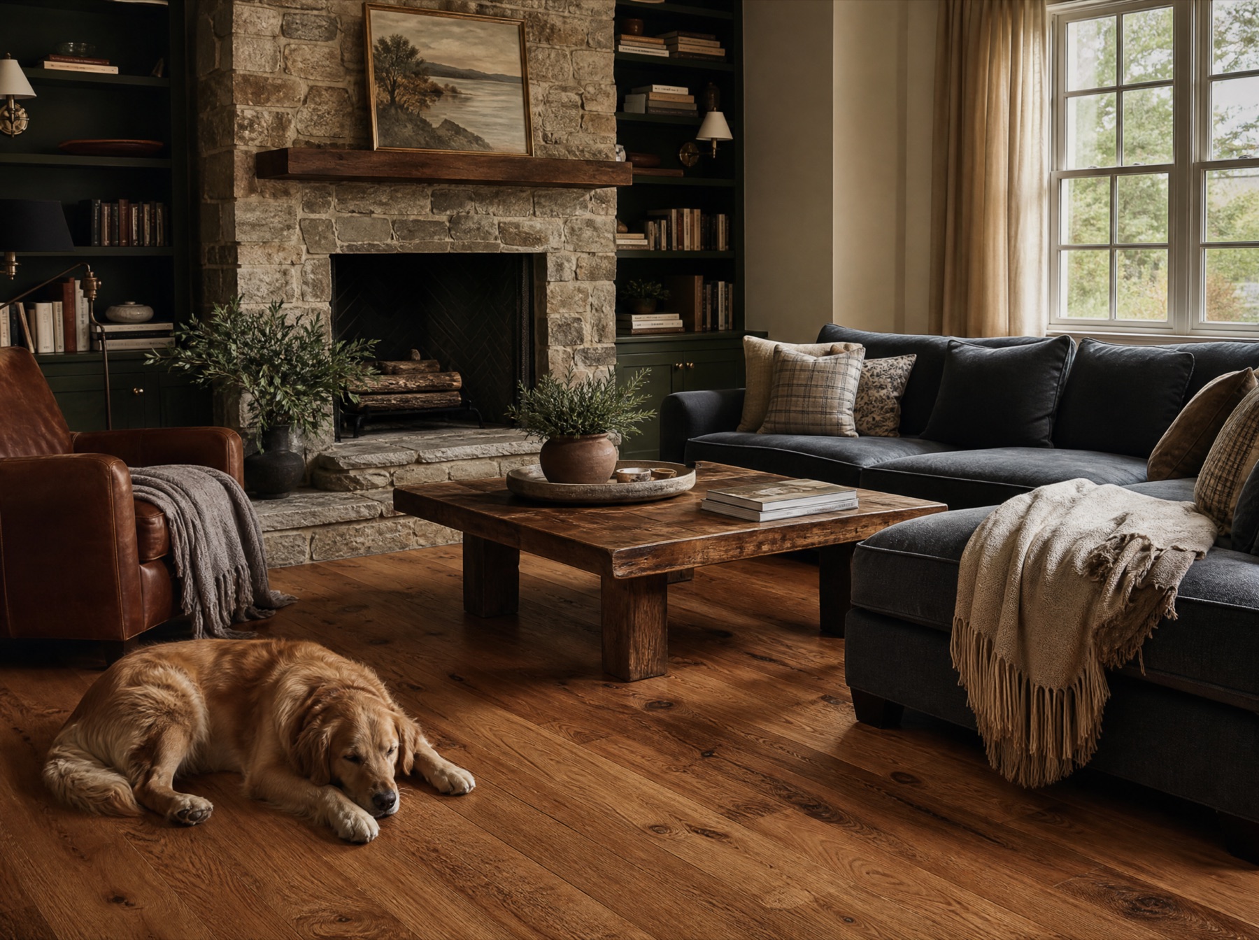 Cozy family room with medium-toned oak floors, a stone fireplace, and a resting dog