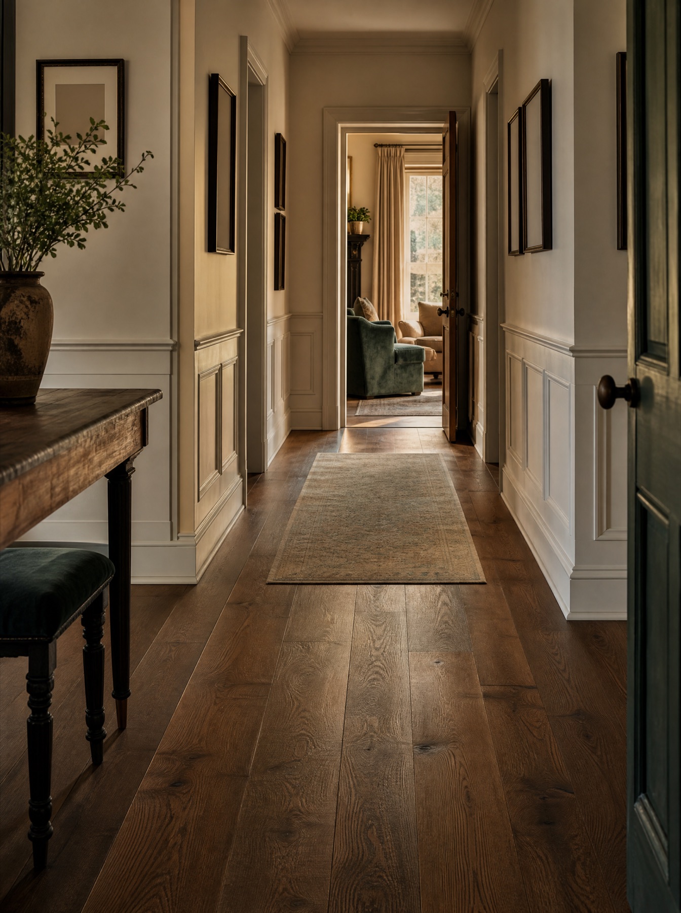 Long sunlit hallway with warm hardwood floors and an ivory runner