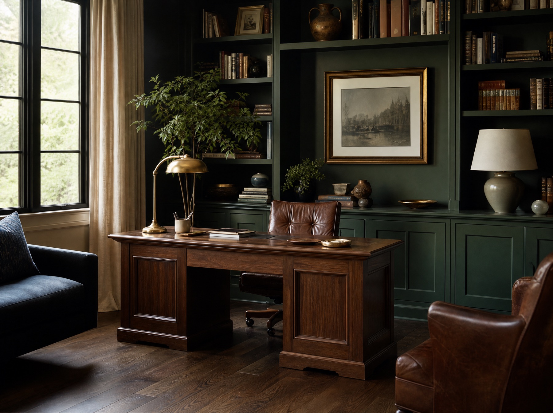 Dark green home office with a walnut desk, built-in bookcases, and hardwood flooring