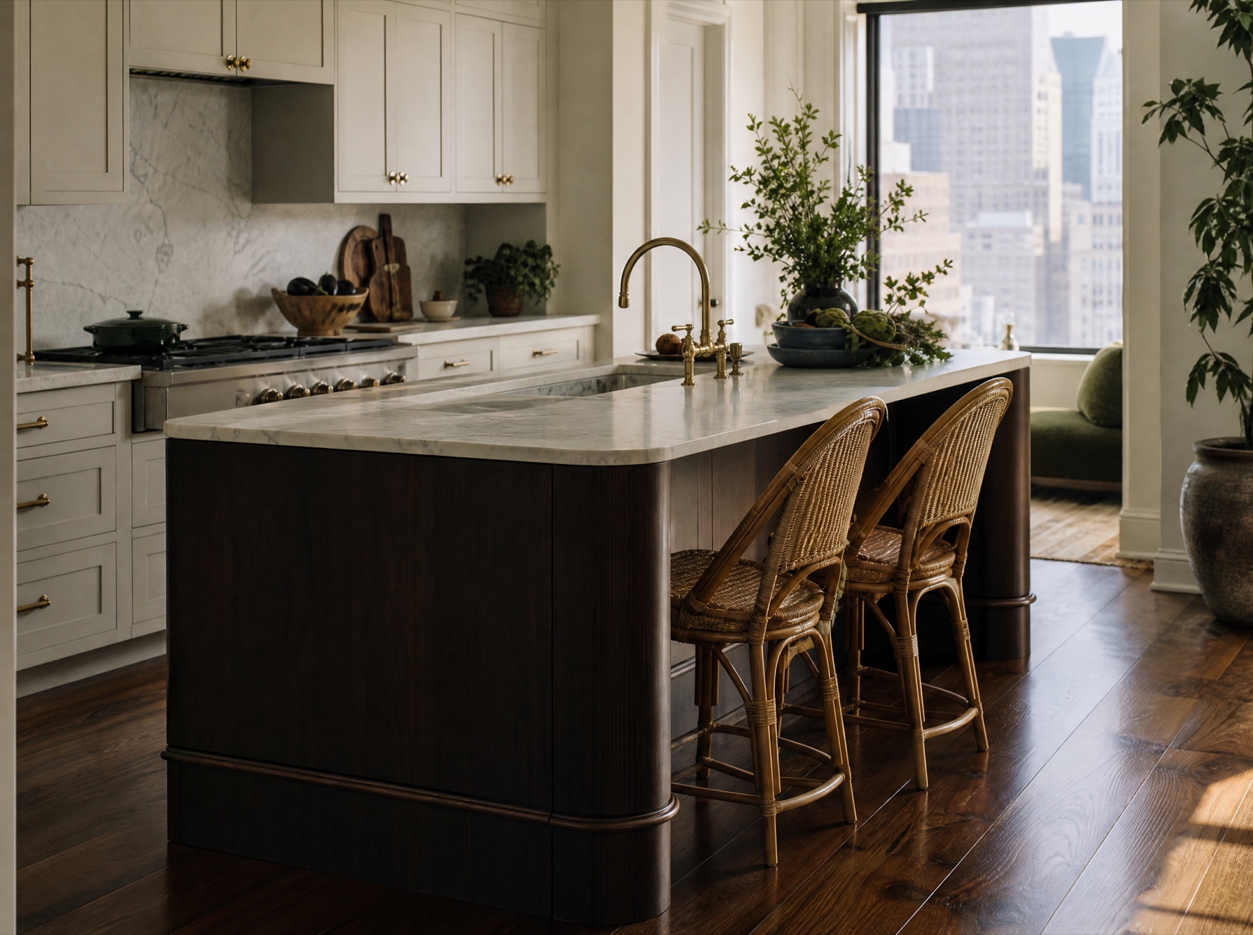 Bright Chicago kitchen with walnut floors, a dark island, and woven counter stools