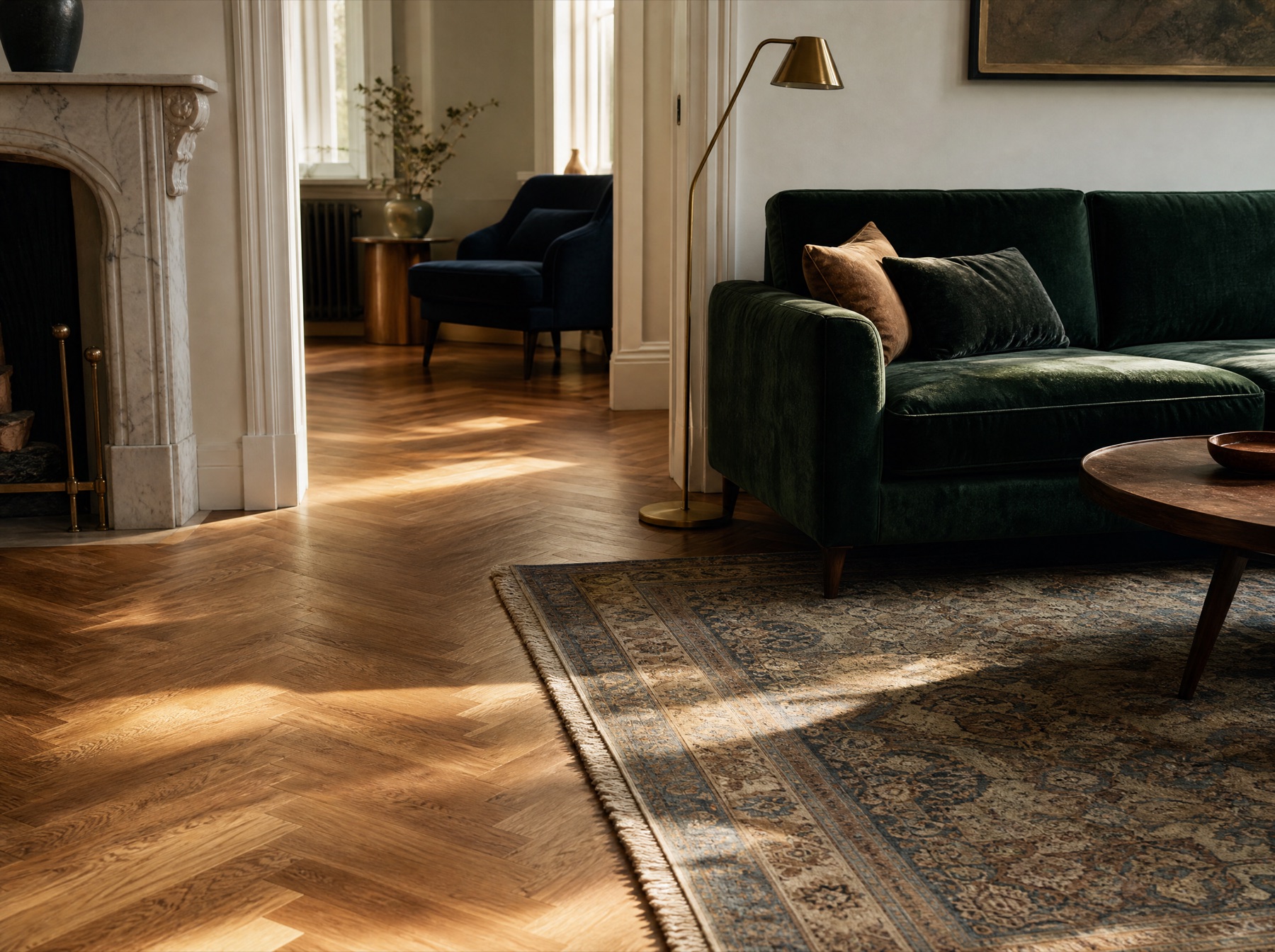 Classic living room with warm herringbone flooring, green velvet seating, and a fireplace