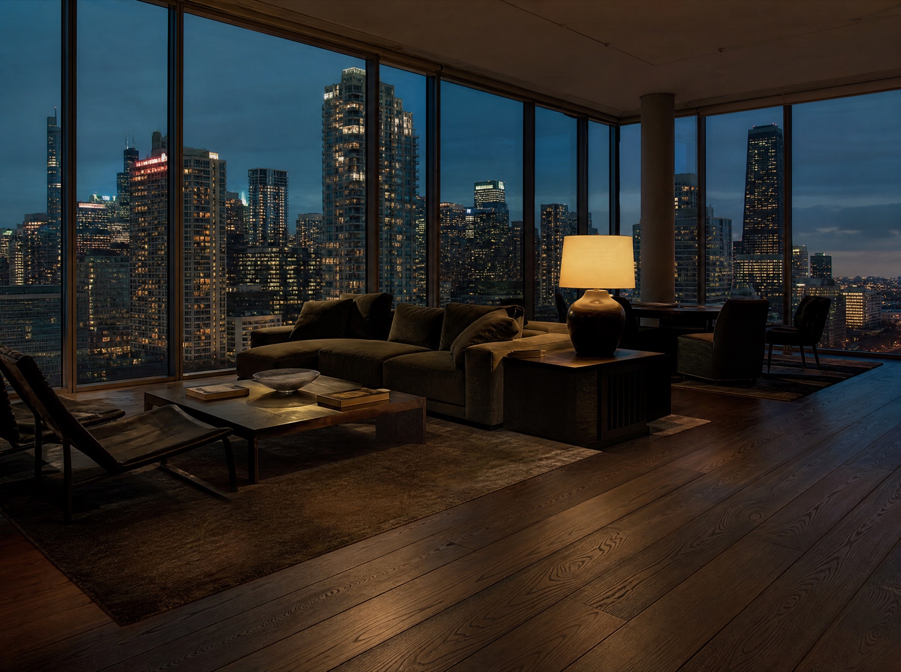 Contemporary loft with dark hardwood floors and panoramic nighttime Chicago views