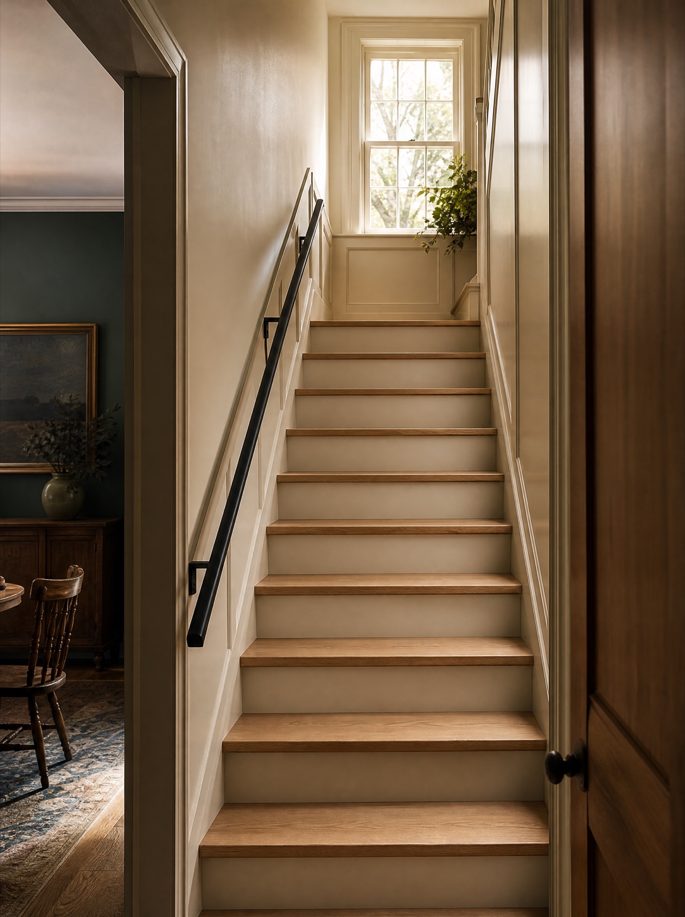 Traditional staircase with pale wood treads, white risers, and a black handrail