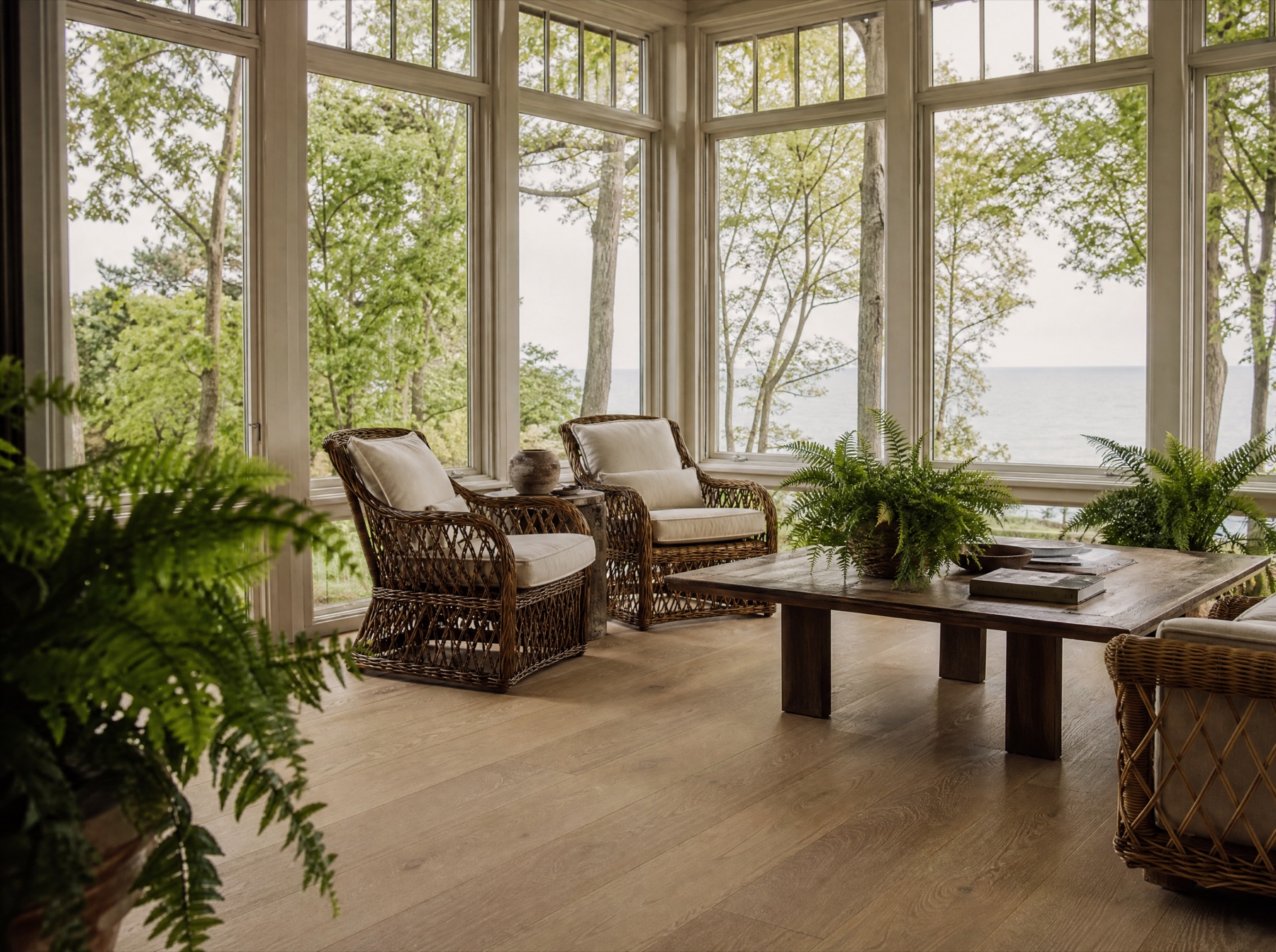 Plant-filled lakefront sunroom with pale plank flooring and wicker seating