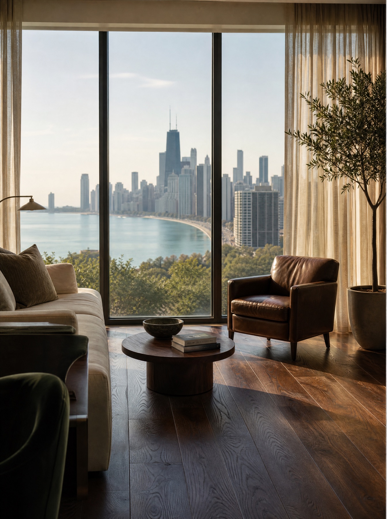Lakefront Chicago living room with pale hardwood floors and skyline views