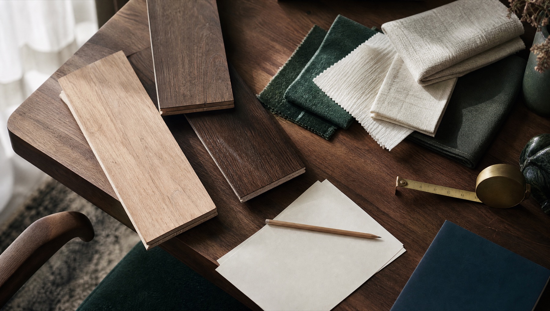 Hardwood samples arranged with fabric swatches on a design table