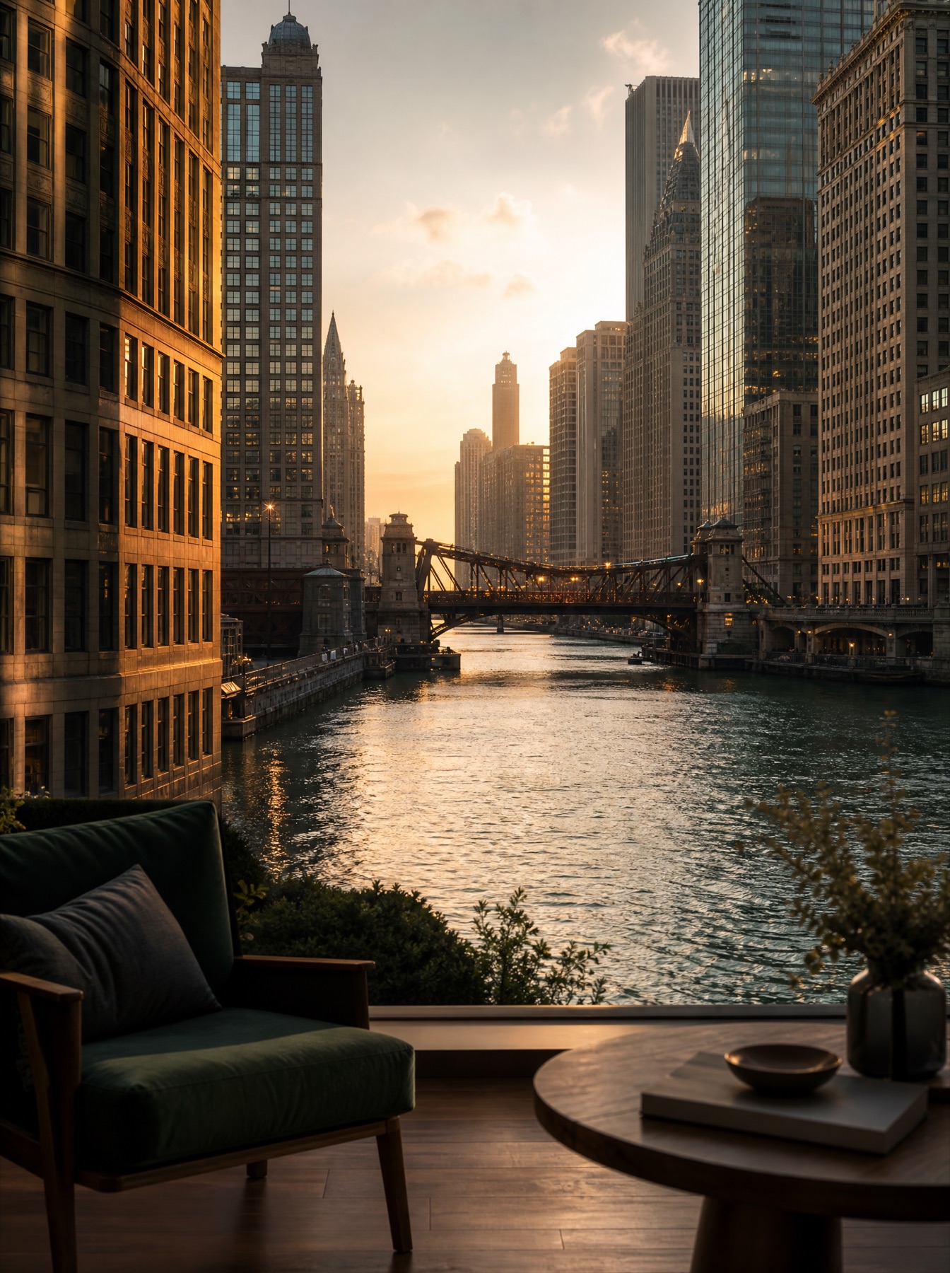 Chicago River at sunset framed by historic downtown architecture