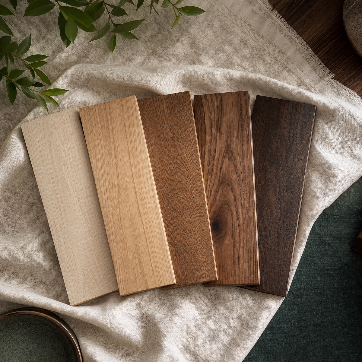 Fan of pale oak, natural oak, and walnut flooring samples on linen