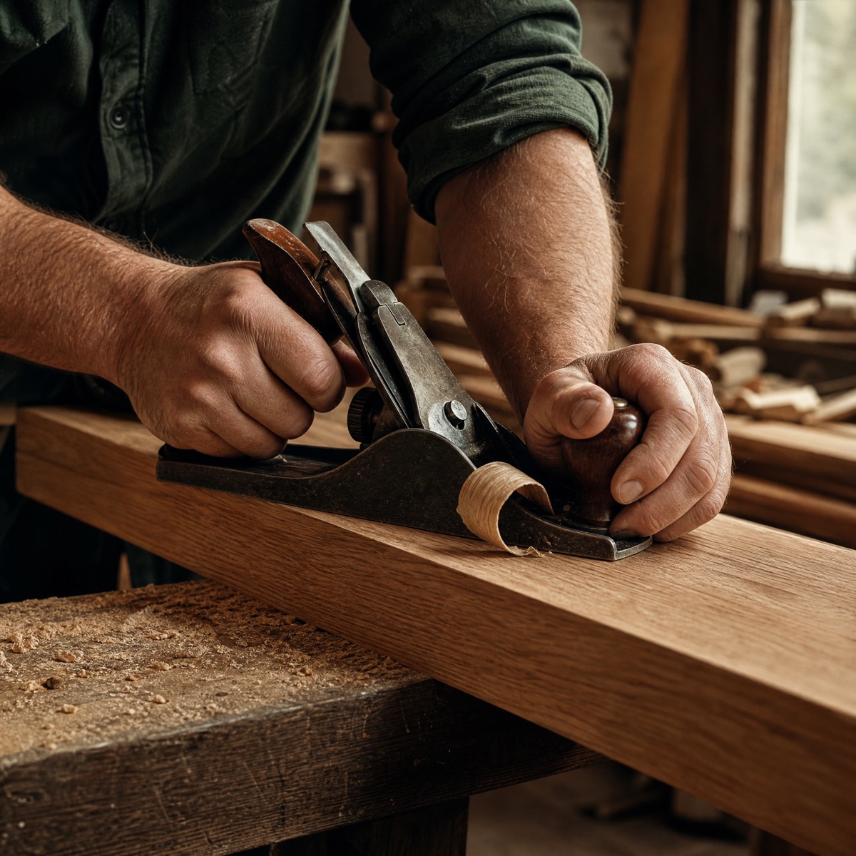 Woodworker guiding a hand plane along the edge of a hardwood board