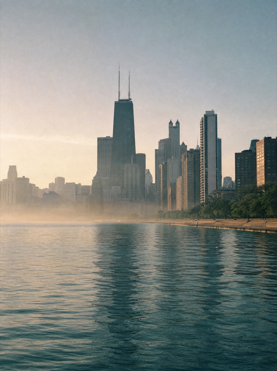 Chicago skyline rising above Lake Michigan in morning haze