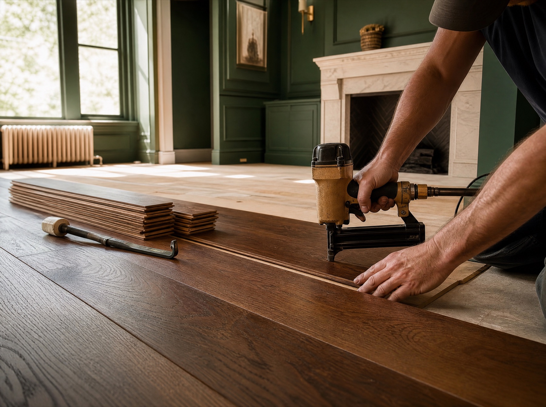 Installer fastening a hardwood plank with a pneumatic flooring nailer