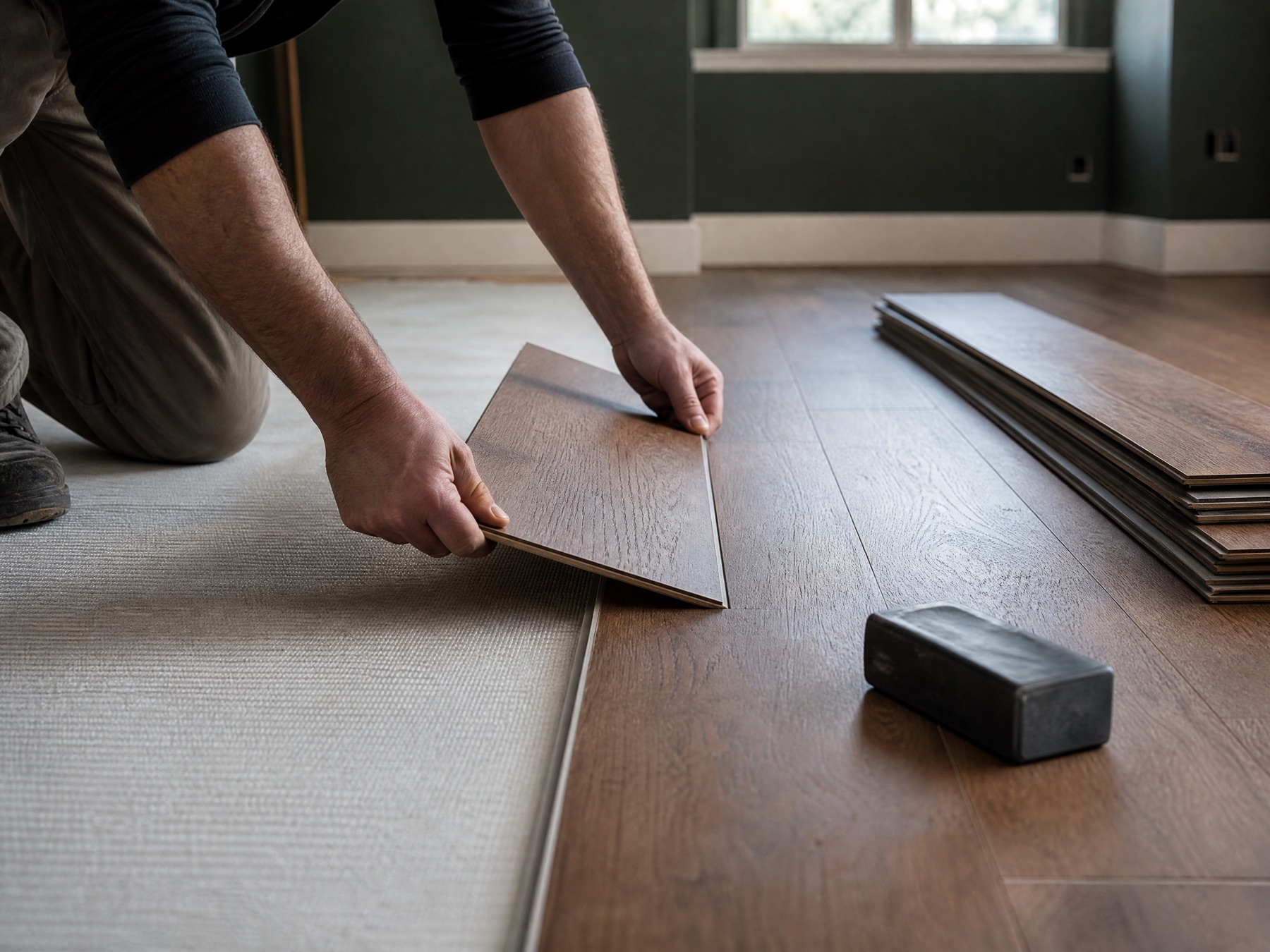 Installer clicking a luxury vinyl plank into place over underlayment