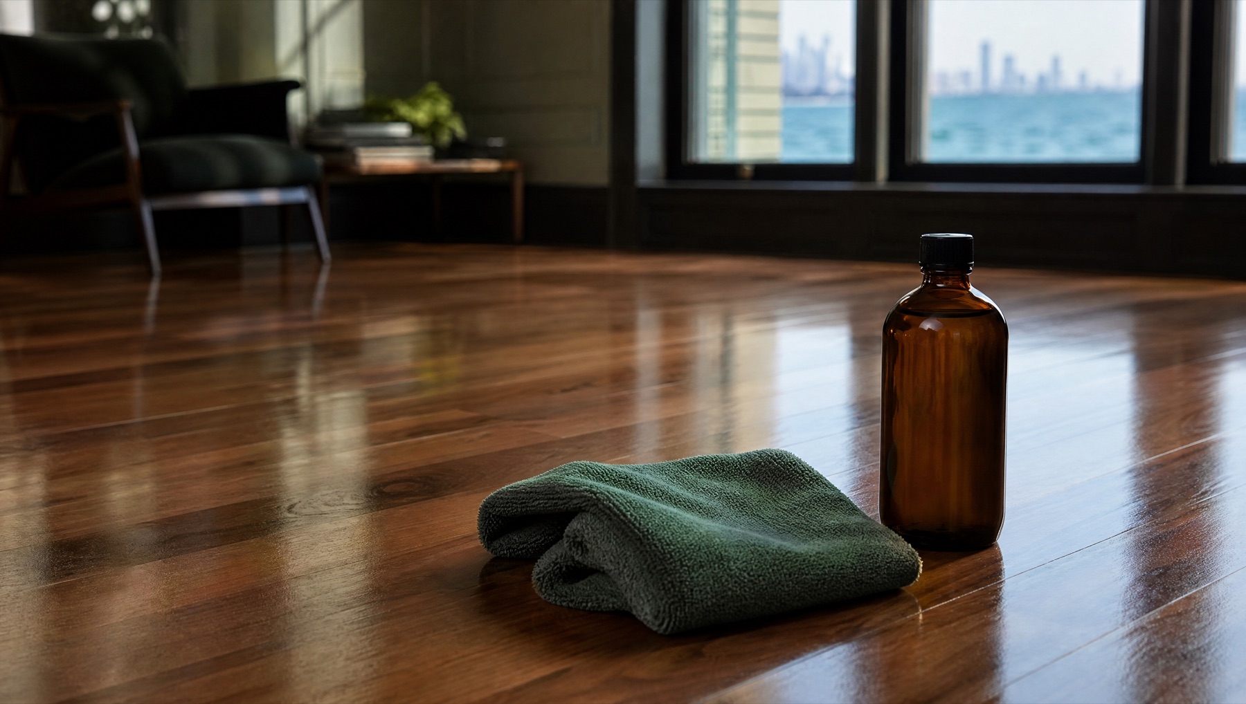 Polished hardwood floor with a cleaning cloth and amber care bottle