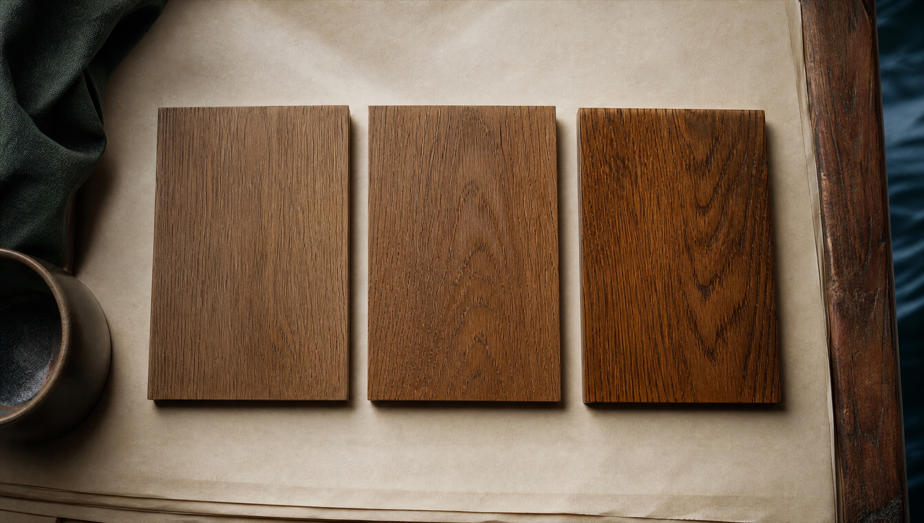 Three oak flooring samples showing light, natural, and dark finish options