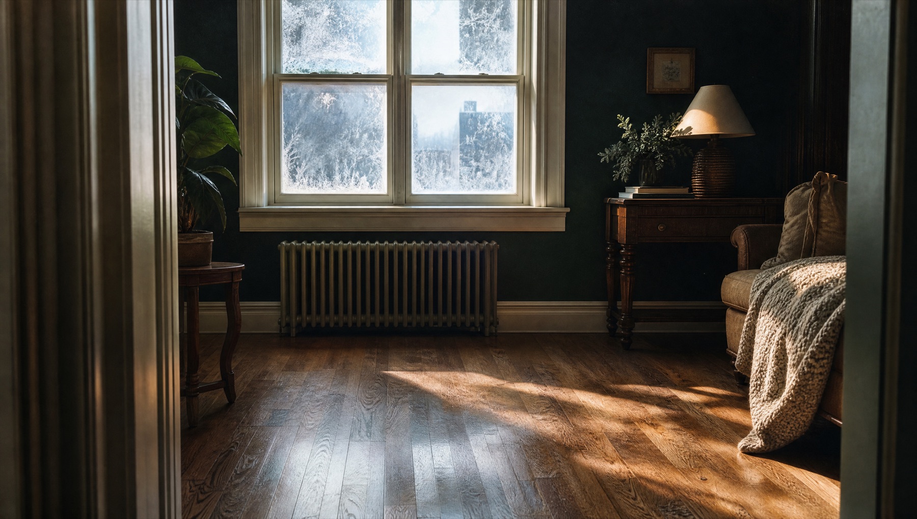 Warm living room with hardwood floors beside a frosted winter window and radiator