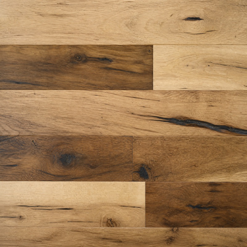 Straight-down view of caramel hickory boards with bold knots and color variation