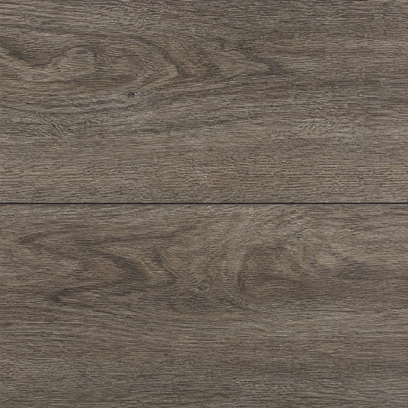 Straight-down view of warm gray-brown weathered oak-look luxury vinyl plank